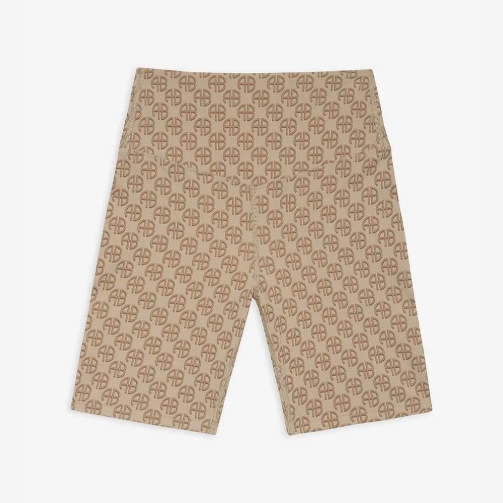 Anine Bing | Blake High Rise Monogram Biker Shorts in Camel | Small